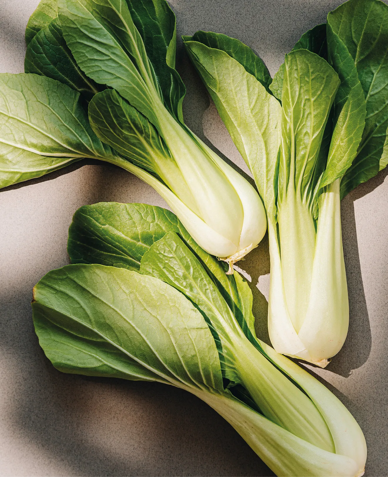 Frischer Pak Choi mit knackigen grünen Blättern und hellen Stielen auf heller Arbeitsfläche. Vitaminreiches asiatisches Gemüse, ideal für gesunde Ernährung, frische Küche und kreative Kochideen.